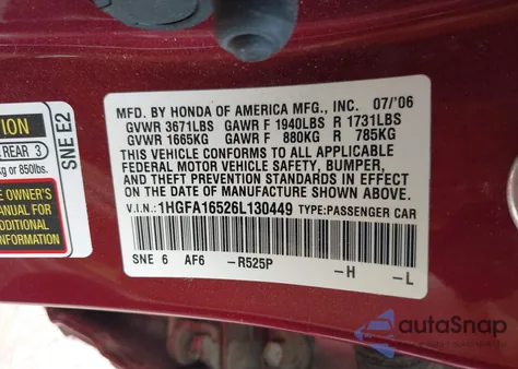 2006 Honda Civic Lx z USA, uszkodzony, nr VIN 1HGFA16526L130449